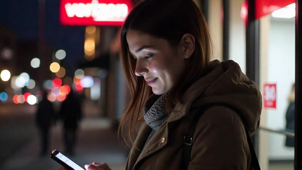 A woman illuminated by her phone screen smiles while using her mobile device outdoors at night, with store lights and a Verizon sign in the distance.