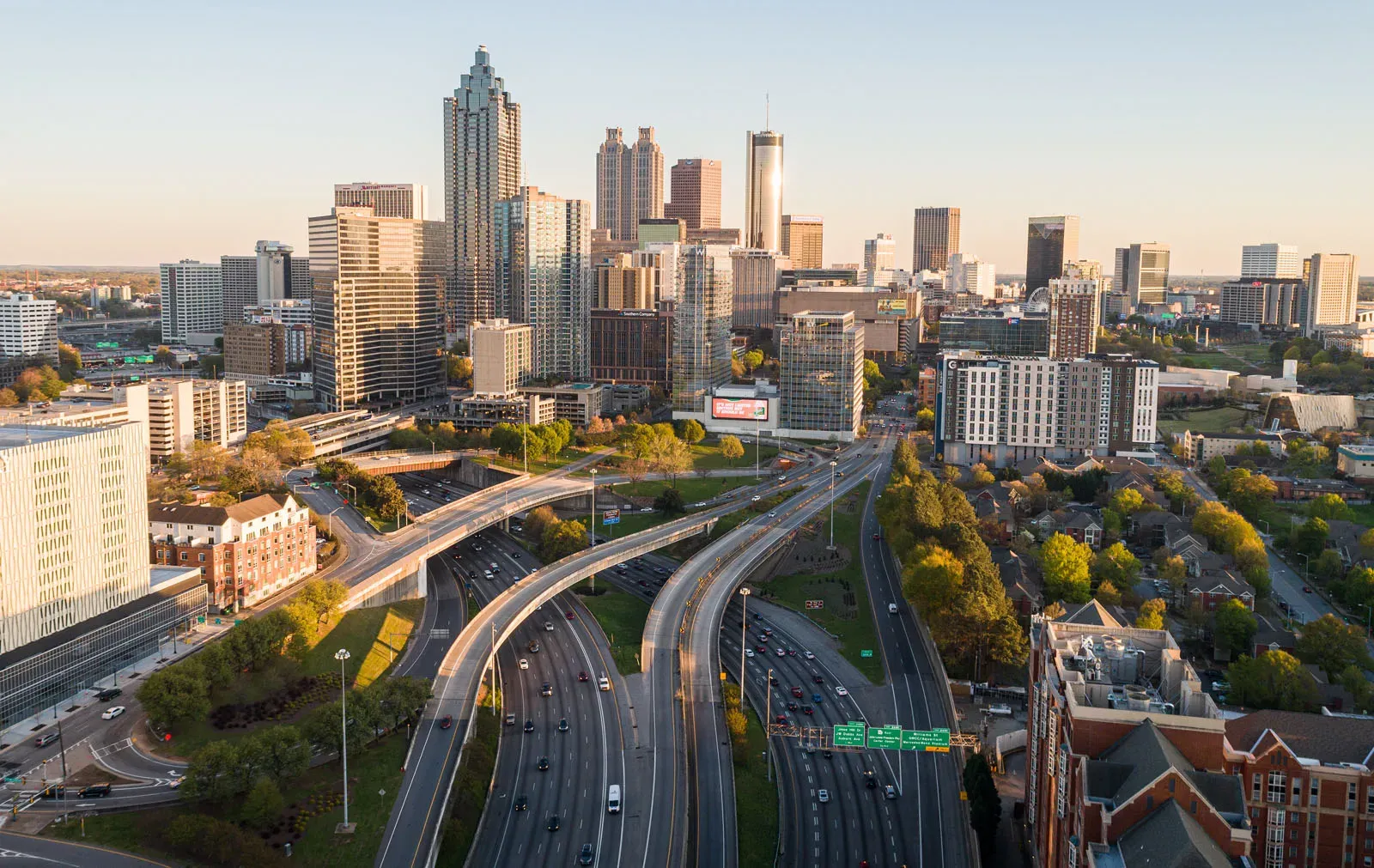 Atlanta's skyline with iconic landmarks like the Mercedes-Benz Stadium.
