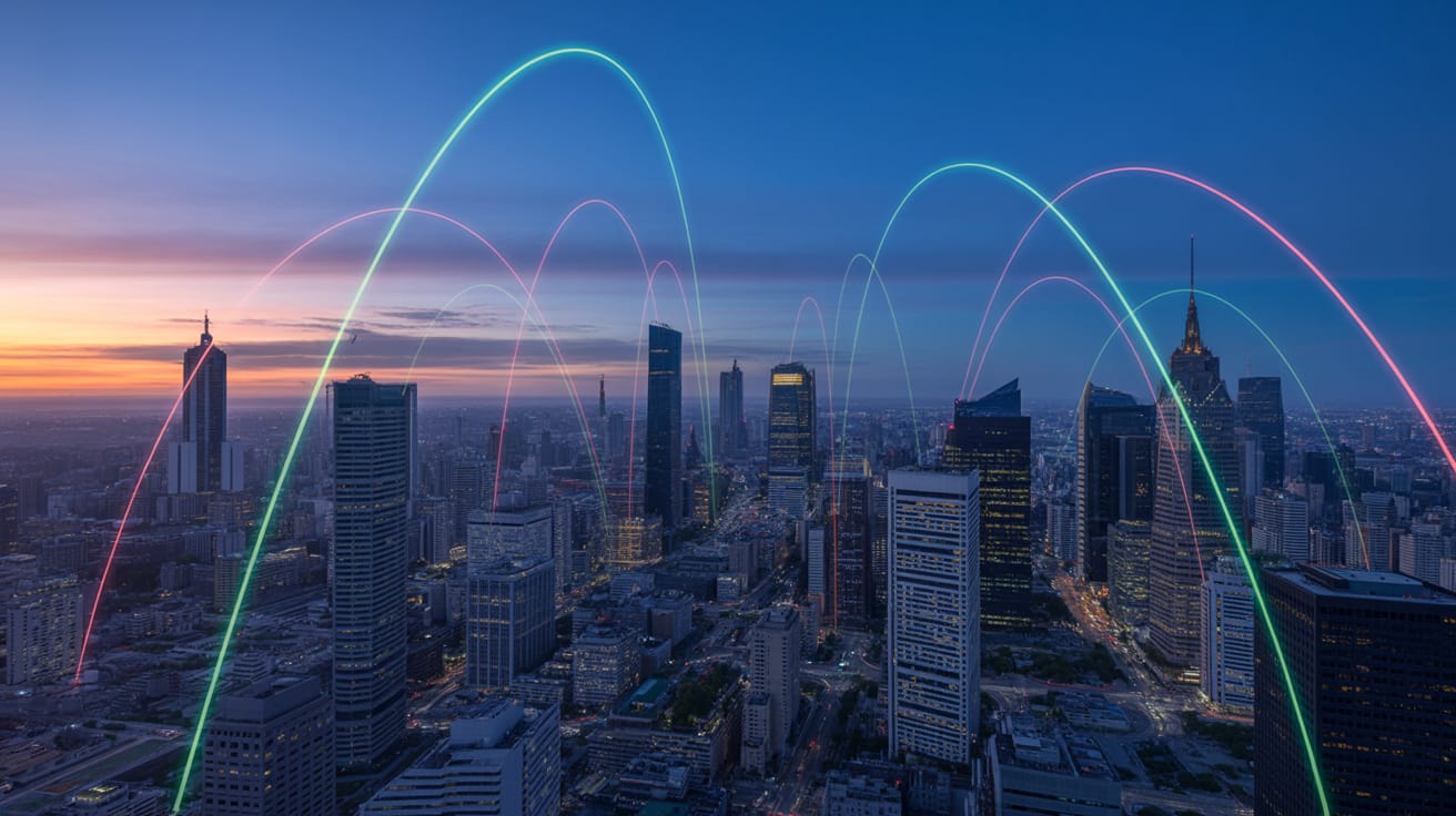 A digital cityscape with glowing lines representing download speed, upload speed, and latency, visualized as streams of light connecting skyscrapers, under a twilight sky.