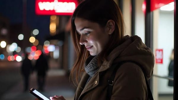 A woman illuminated by her phone screen smiles while using her mobile device outdoors at night, with store lights and a Verizon sign in the distance.