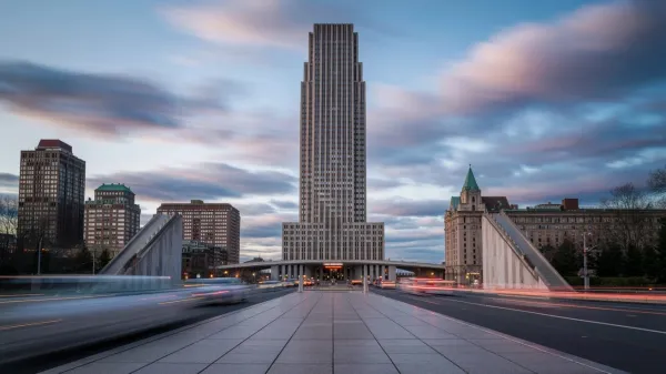 Modern Empire State Plaza, Albany, NY. State capital's architecture contrasted with a historic cityscape.