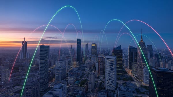 A digital cityscape with glowing lines representing download speed, upload speed, and latency, visualized as streams of light connecting skyscrapers, under a twilight sky.